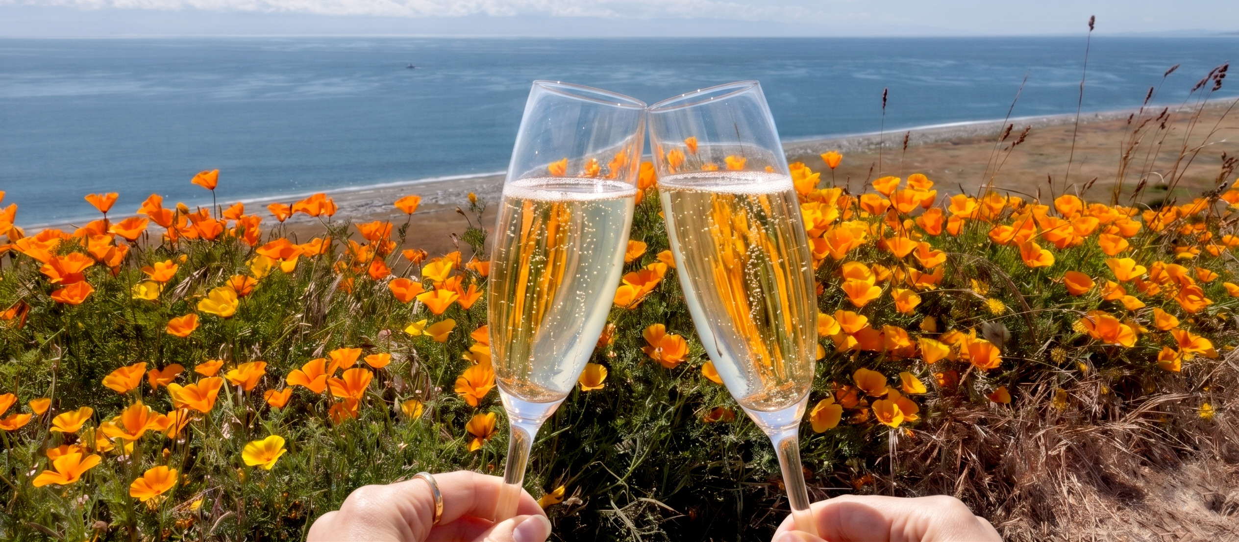 Beach scene with California bright orange poppies growing along the sandy shore, and two hands holding champagne flutes, toasting.